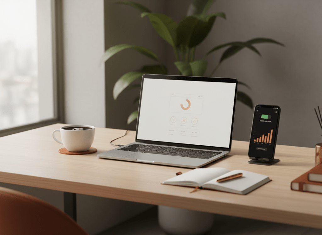 Elegant minimalist workspace scene for a social media manager: a clean desk with a smartphone showing social media analytics, a laptop, a cup of coffee, soft natural window light, warm neutral tones with subtle burnt-orange accents, professional and refined editorial photography, shallow depth of field